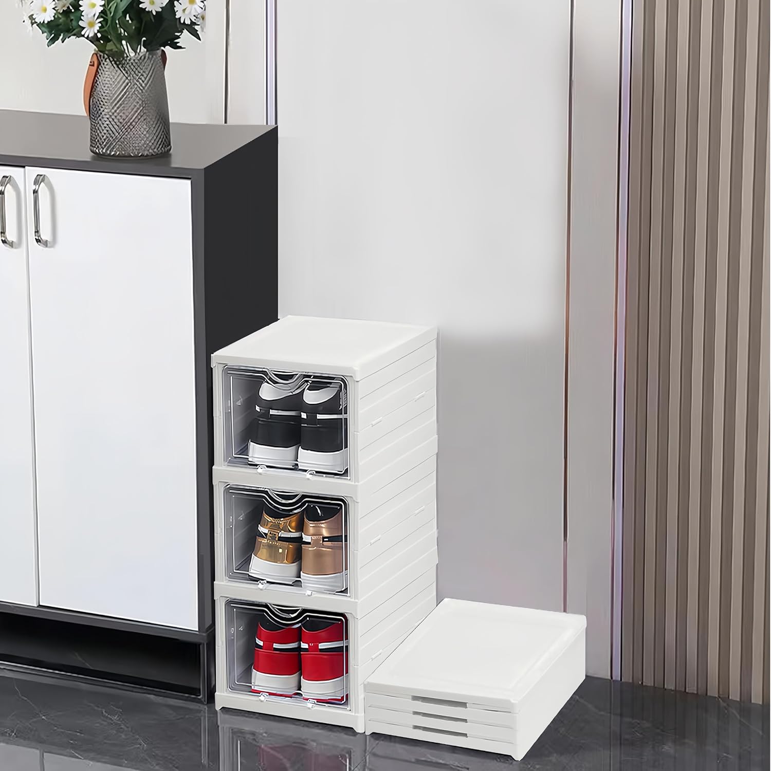 CARLA HOME 3-Tier Stackable Shoe Storage Box Organizer with Clear Door for Closet, Entryway or Cabinet
